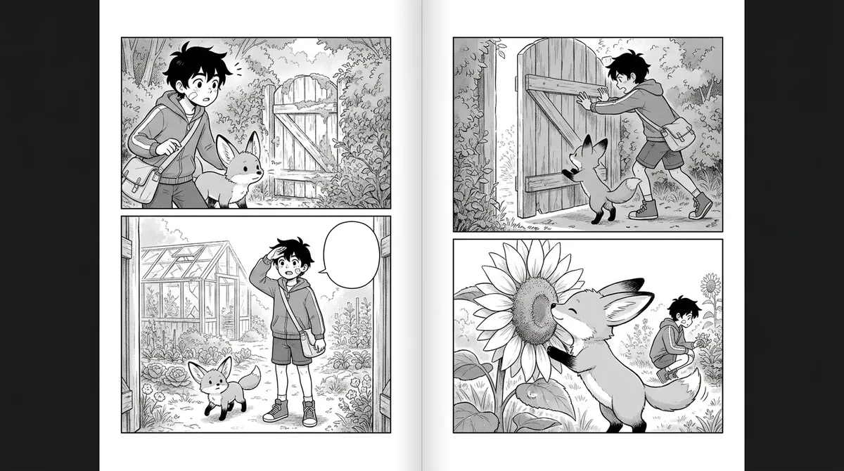 A double-page children's manga spread: a boy and a small fox find a hidden garden gate and step into a sunlit vegetable garden, four large panels in black ink with light screentone
