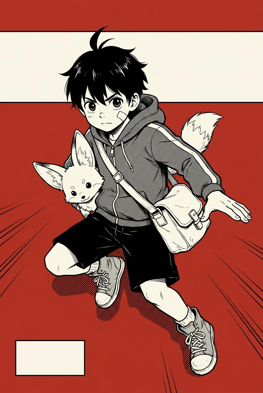 A manga volume front cover: a boy mid-leap holding a small fox, flat vermilion and cream colour, an empty title band across the top