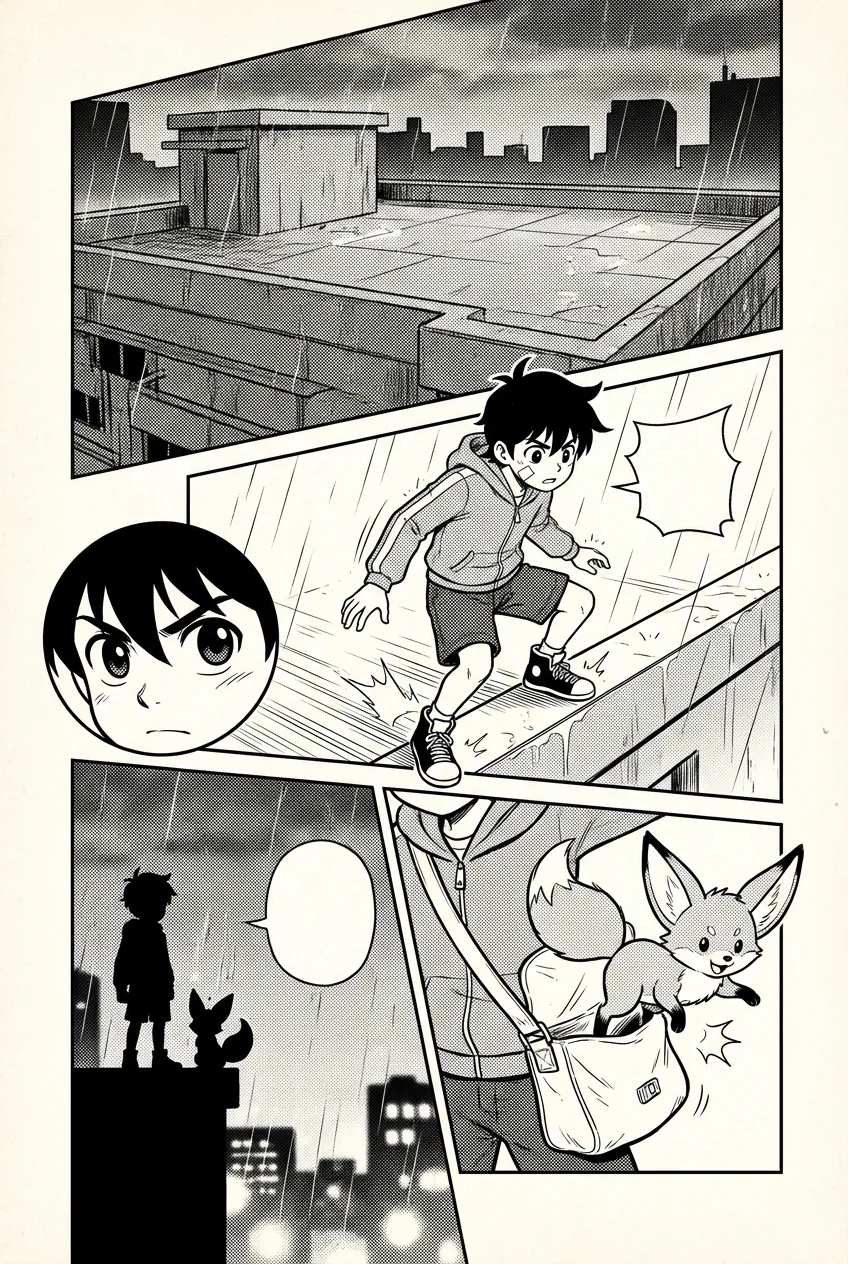 A black-and-white manga interior page: a boy and a small fox on a rain-soaked rooftop at dusk across five panels with screentone shading