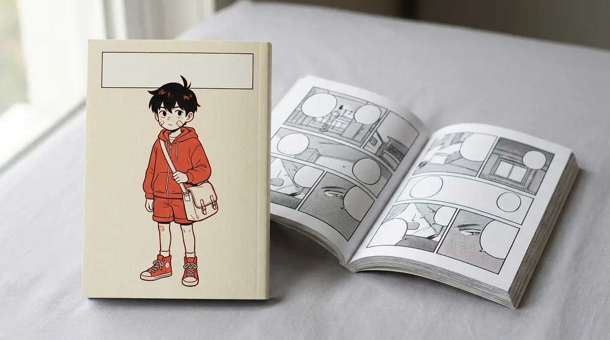 A small-format manga paperback standing beside an open copy showing a black-and-white screentone interior spread