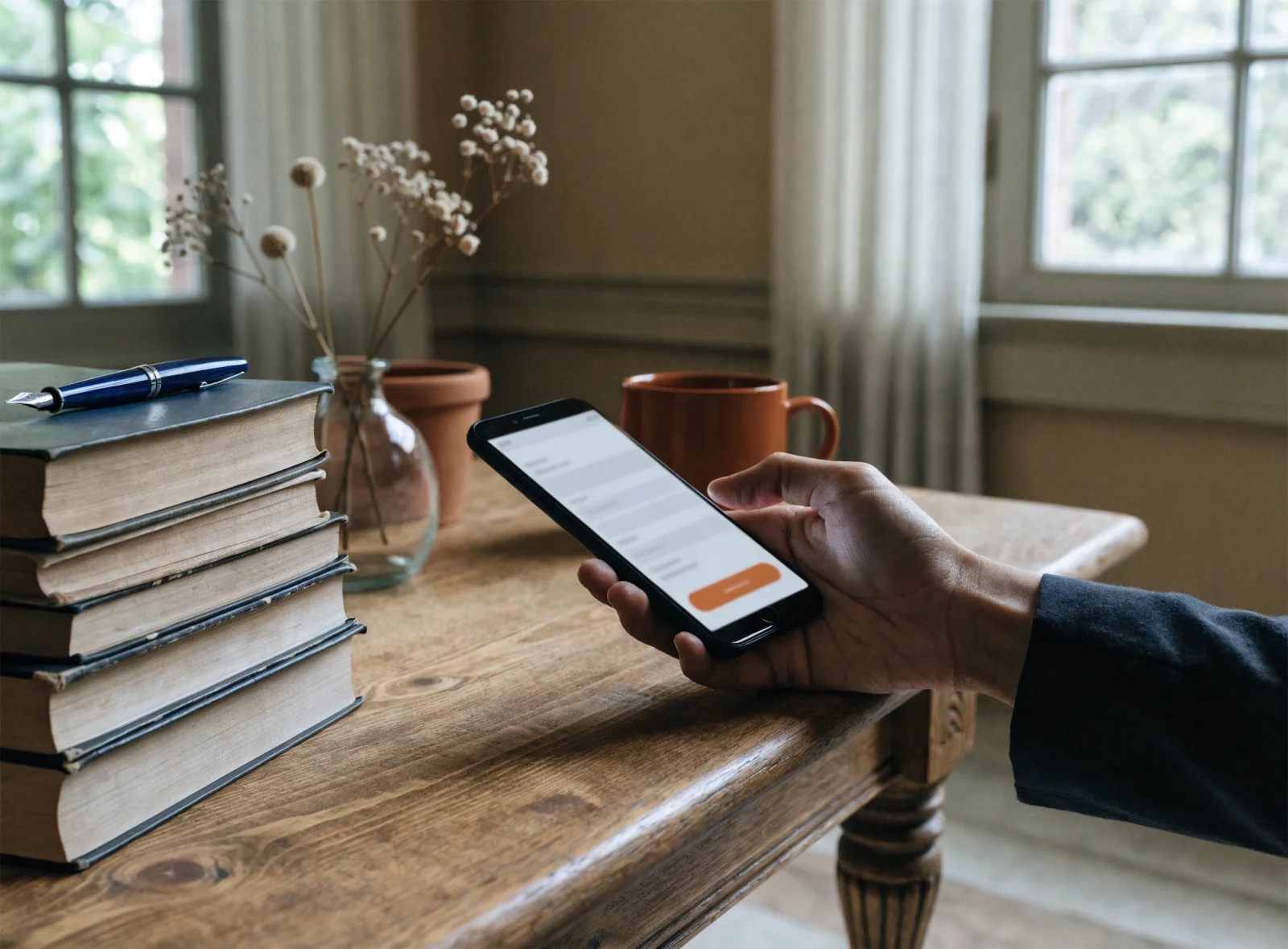 A phone showing a law firm consultation form over a desk with law books and a pen