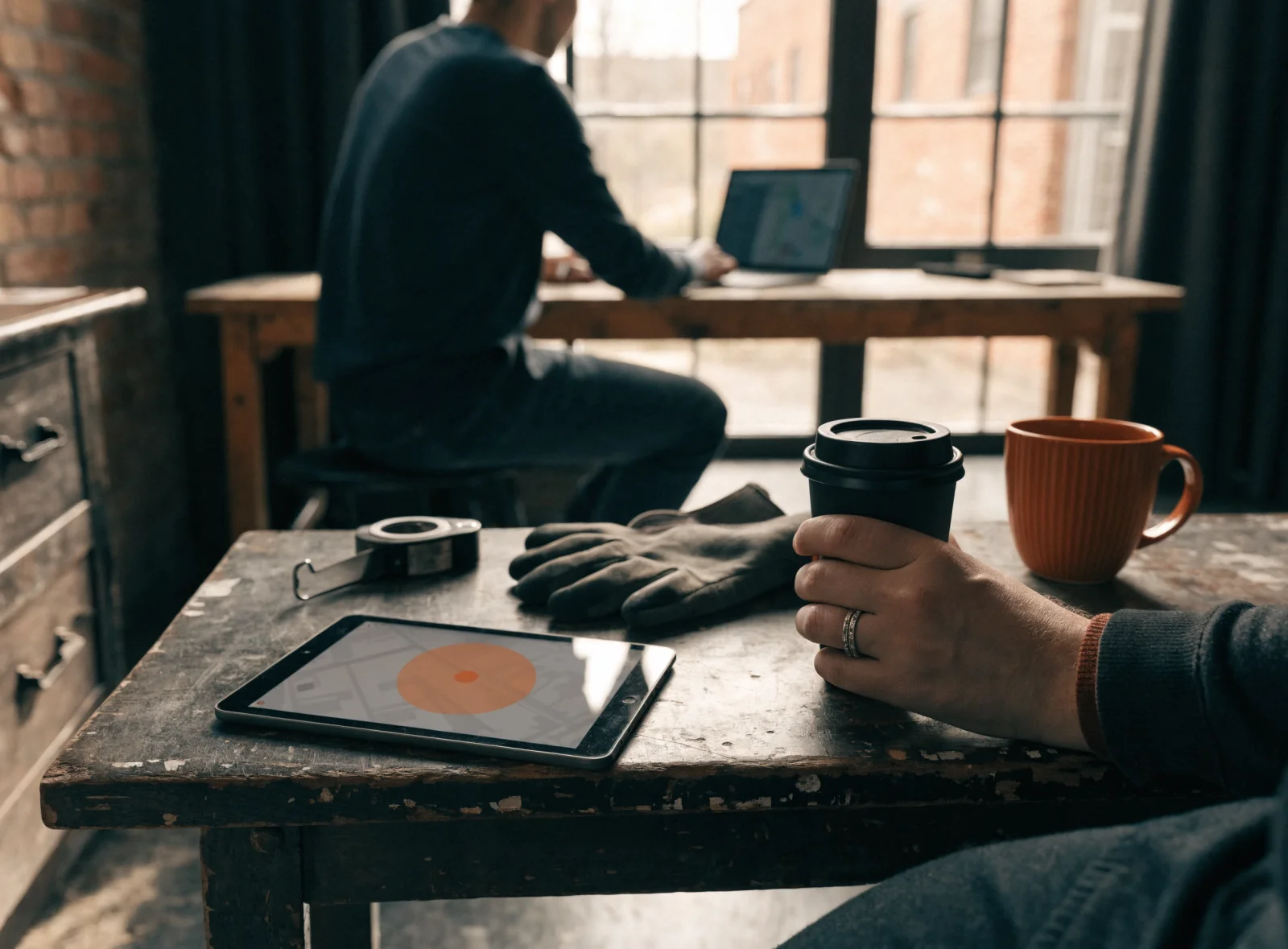 A tablet on a workbench showing a map with a radius circle
